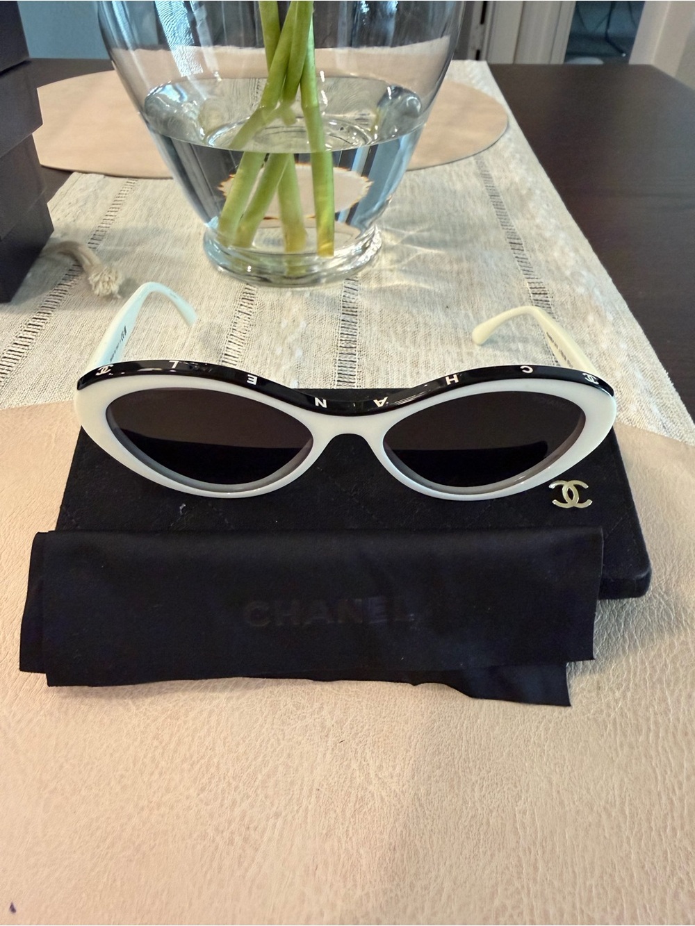 CHANEL Black and White Cat-Eye Sunglasses